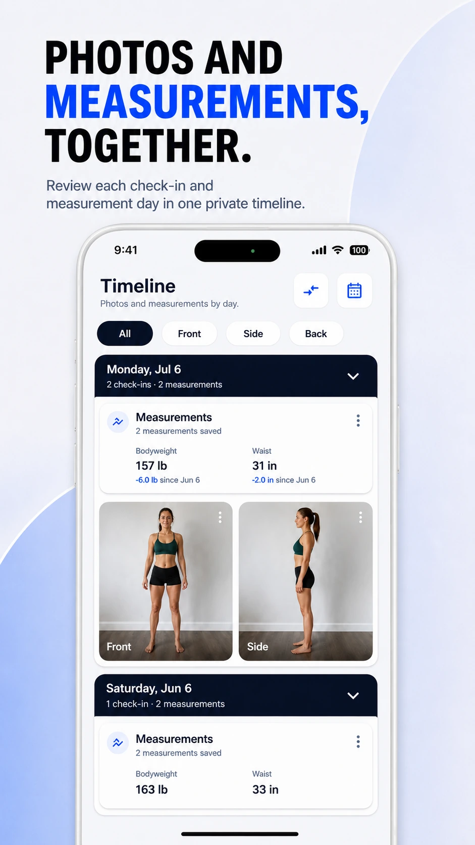 ProgressLens timeline showing body measurements with front and side progress photos